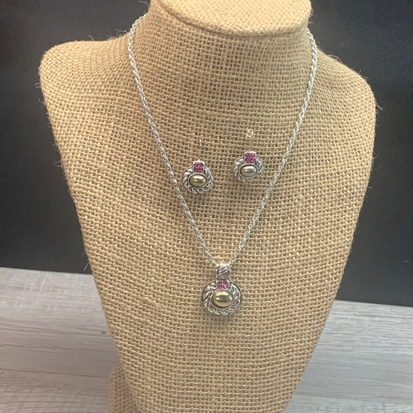 Jewelry - Silver Tone Pink Rhinestone Rope Circle Necklace and Earring Set 16 Inch 5525